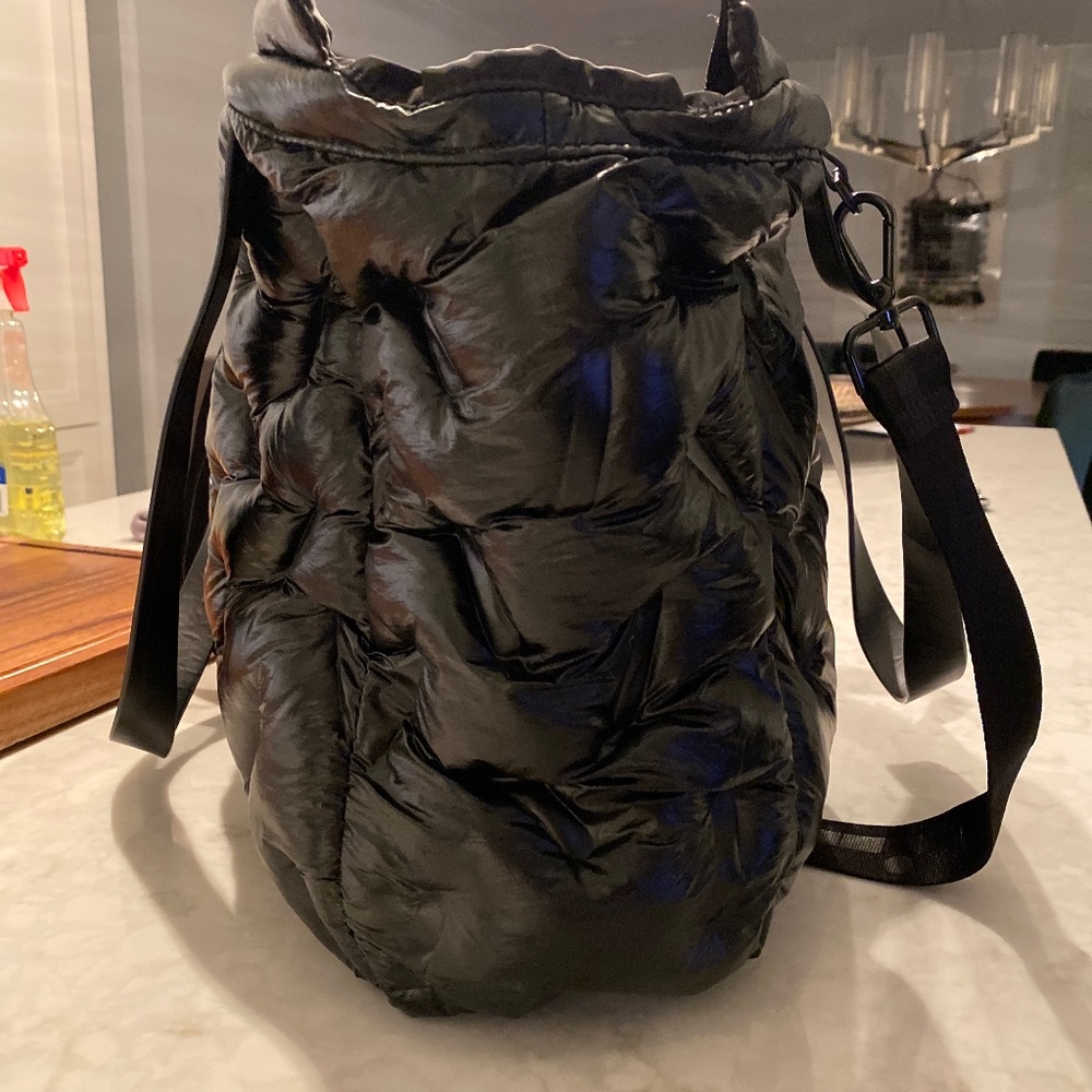 Black puff nylon and leather tote Special Edition Rose Tote bag.